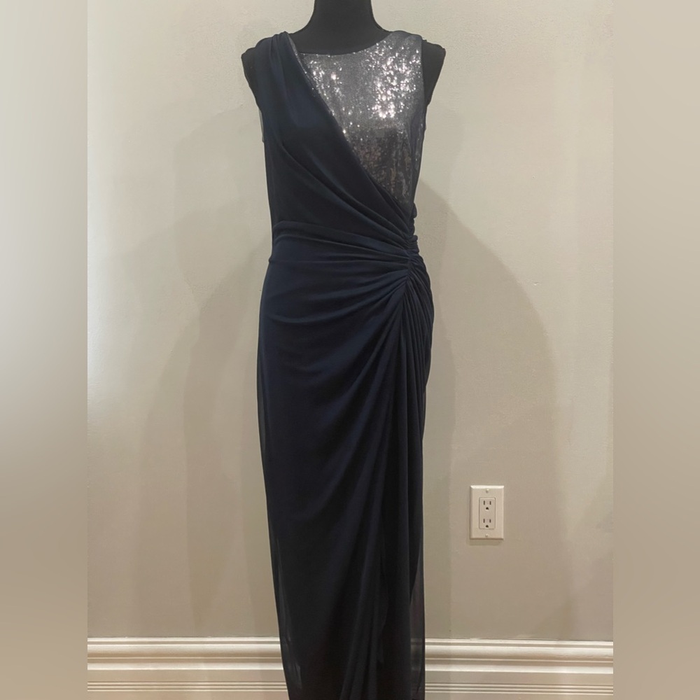 Adrianna Papell Evening 8 Navy Sheath/Sequin Maxi Evening Gown